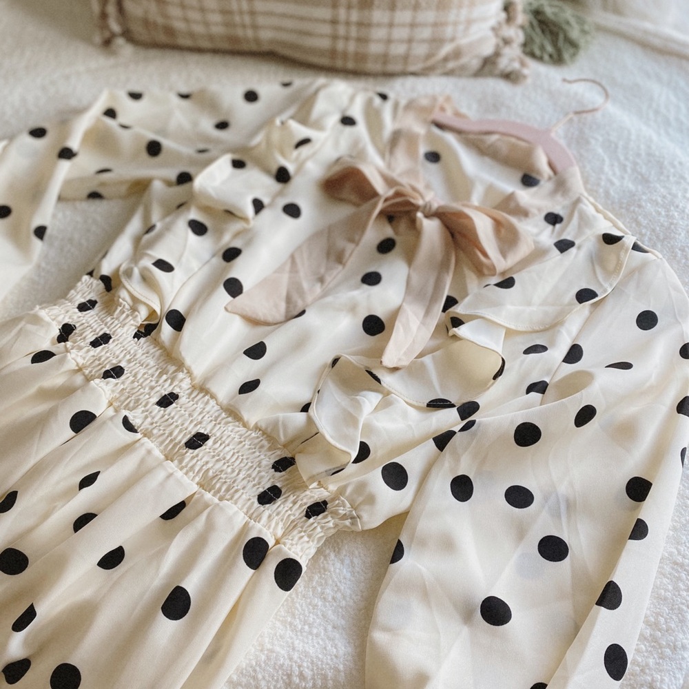 SHEIN Cream and Black Polka Dot Midi Dress
